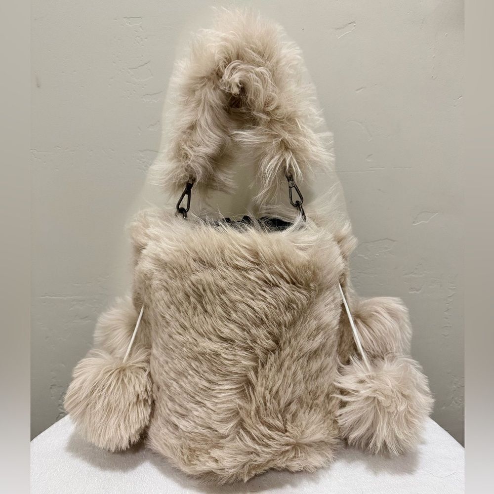 Beige Real Shearling Handmade Drawstring Bucket Bag Includes 4 Fur Balls Charm
